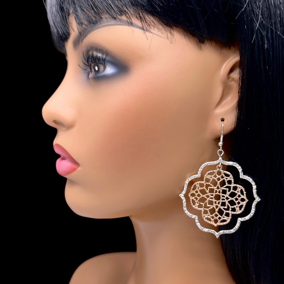 Copper & Silver Tone Filigree Quatrefoil Disk Dangle Earrings - Picture 2 of 3